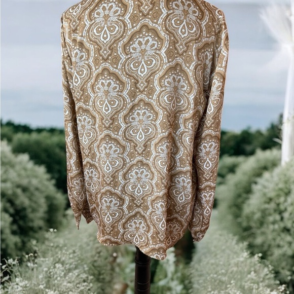 Michael Kors Tan and Cream Smocked Long Sleeve Blouse - Picture 2 of 3